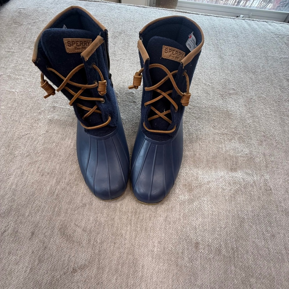 Sperry Saltwater Duck Boots Navy Blue Wool Blend Side Zip Waterproof STS85911